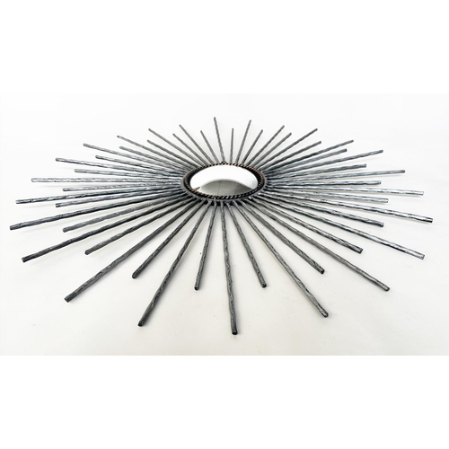 459 - STARBURST WALL MIRROR, wrought iron and silvered rays and convex mirror, 96cm W.