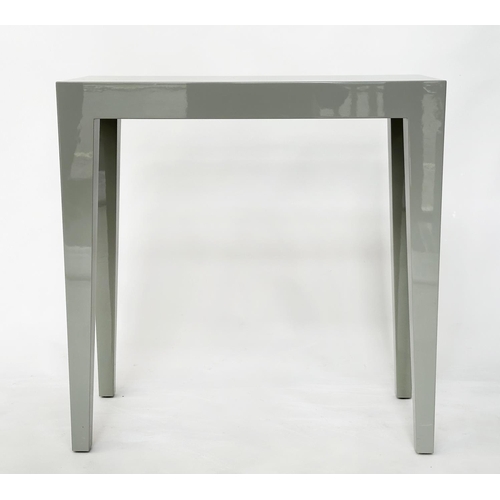 450 - CONSOLE TABLE, light grey lacquered rectangular with tapering supports, 75cm w x 35cm D x 76cm H.