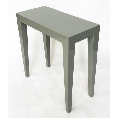 450 - CONSOLE TABLE, light grey lacquered rectangular with tapering supports, 75cm w x 35cm D x 76cm H.