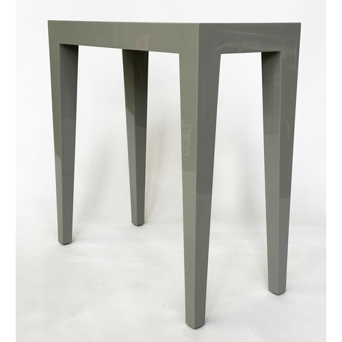 450 - CONSOLE TABLE, light grey lacquered rectangular with tapering supports, 75cm w x 35cm D x 76cm H.