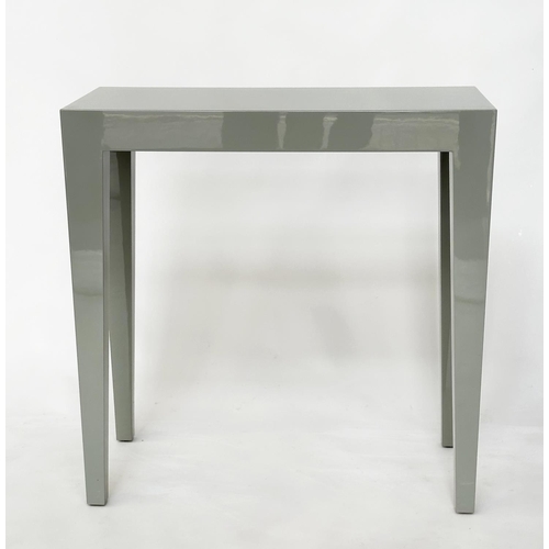 450 - CONSOLE TABLE, light grey lacquered rectangular with tapering supports, 75cm w x 35cm D x 76cm H.