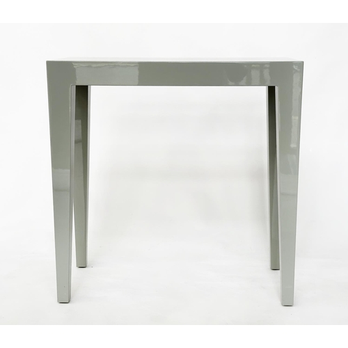 450 - CONSOLE TABLE, light grey lacquered rectangular with tapering supports, 75cm w x 35cm D x 76cm H.