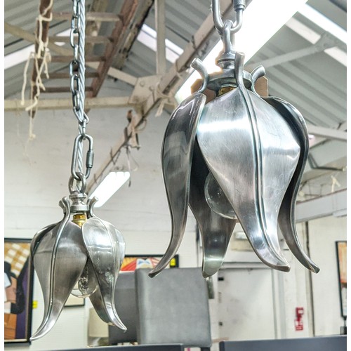 425 - PAOLO MOSCHINO NICKEL IOTA PENDANT LIGHTS, a pair, 210cm drop approx each. (2)