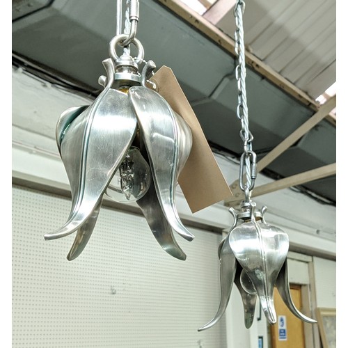 425 - PAOLO MOSCHINO NICKEL IOTA PENDANT LIGHTS, a pair, 210cm drop approx each. (2)