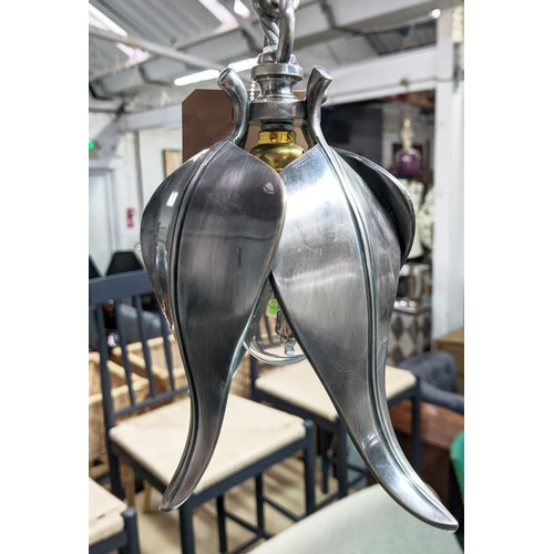 425 - PAOLO MOSCHINO NICKEL IOTA PENDANT LIGHTS, a pair, 210cm drop approx each. (2)