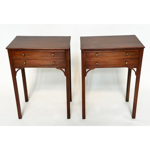 277 - LAMP TABLES, a pair, George III figured mahogany and satinwood banded each with two drawers, 50cm x ... 