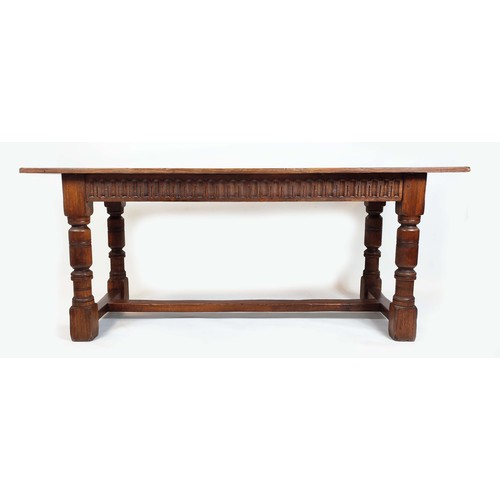 346 - ELIZABETHAN STYLE OAK REFECTORY DINING TABLE, 75cm H x 183cm W x 71cm D.