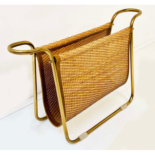 550 - MAGAZINE RACK, 39cm high, 64cm wide, 20cm deep, 1960s French Style, gilt metal and rattan.