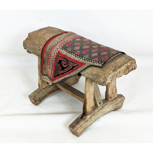 145 - RUSTIC WOODEN STOOL, 60cm W x 43cm D x 48cm H, with vintage Chinese folk textile.