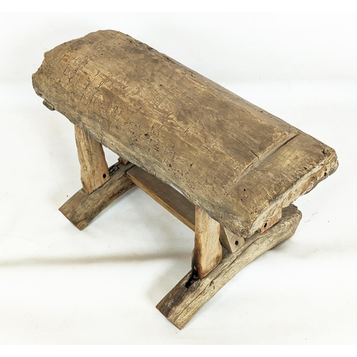 145 - RUSTIC WOODEN STOOL, 60cm W x 43cm D x 48cm H, with vintage Chinese folk textile.