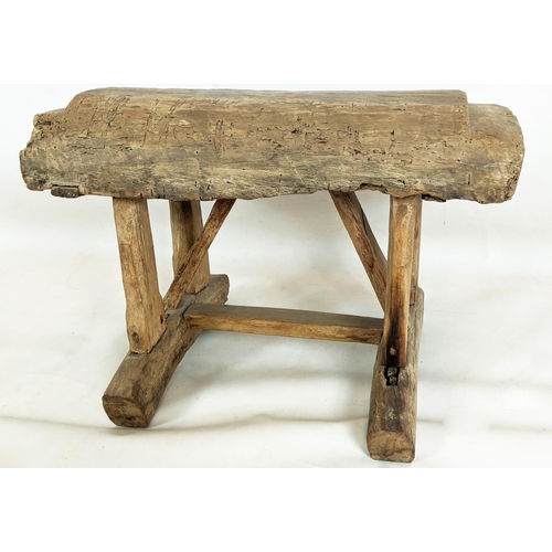 145 - RUSTIC WOODEN STOOL, 60cm W x 43cm D x 48cm H, with vintage Chinese folk textile.