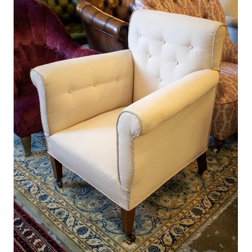 207 - ARMCHAIR, 88cm H x 78cm, late Victorian mahogany, circa 1890, in cream fabric on ceramic castors.