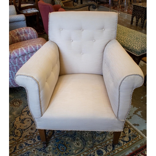 207 - ARMCHAIR, 88cm H x 78cm, late Victorian mahogany, circa 1890, in cream fabric on ceramic castors.