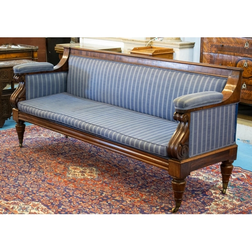 248 - SOFA, 90cm H x 207cm x 65cm, William IV mahogany in striped blue fabric with squab cushion on brass ... 