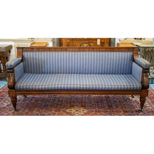 248 - SOFA, 90cm H x 207cm x 65cm, William IV mahogany in striped blue fabric with squab cushion on brass ... 