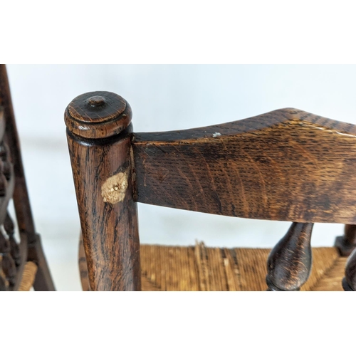 402 - SPINDLE BACK CHAIRS, a set of six, including two carvers, 19th century oak with rush seats, carvers ... 