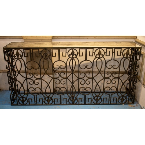 482 - CONSOLE TABLE, 81cm H x 170cm W x 35cm D metal supporting a mottled mirror top.