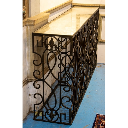 482 - CONSOLE TABLE, 81cm H x 170cm W x 35cm D metal supporting a mottled mirror top.