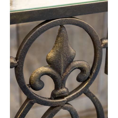 482 - CONSOLE TABLE, 81cm H x 170cm W x 35cm D metal supporting a mottled mirror top.