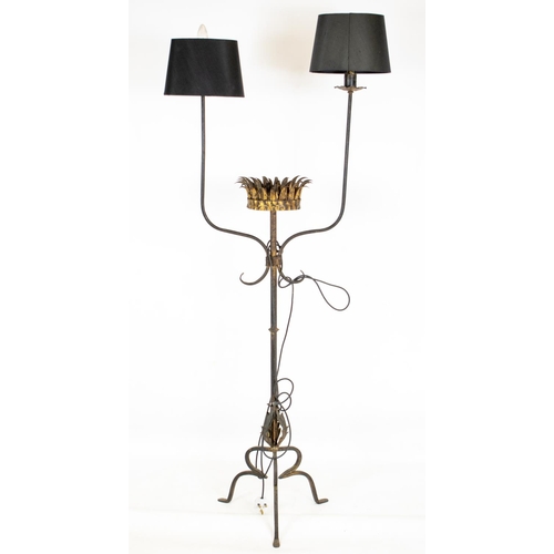 483 - FLOOR LAMP, 163cm H x 69cm W patinated metal, twin light with jardiniere centre.