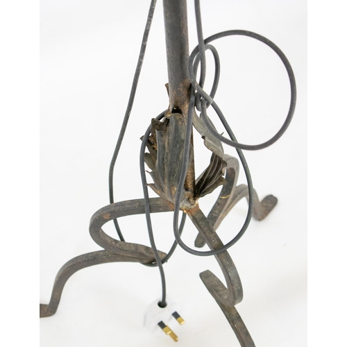 483 - FLOOR LAMP, 163cm H x 69cm W patinated metal, twin light with jardiniere centre.