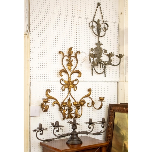 484 - WALL LIGHT, 66cm H c 67cm W gilt metal, another 73cm H x 42cm W and a candelabrum 19cm x 80cm W. (3)