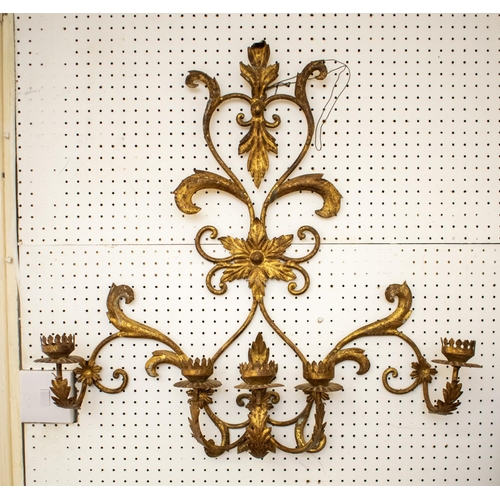 484 - WALL LIGHT, 66cm H c 67cm W gilt metal, another 73cm H x 42cm W and a candelabrum 19cm x 80cm W. (3)