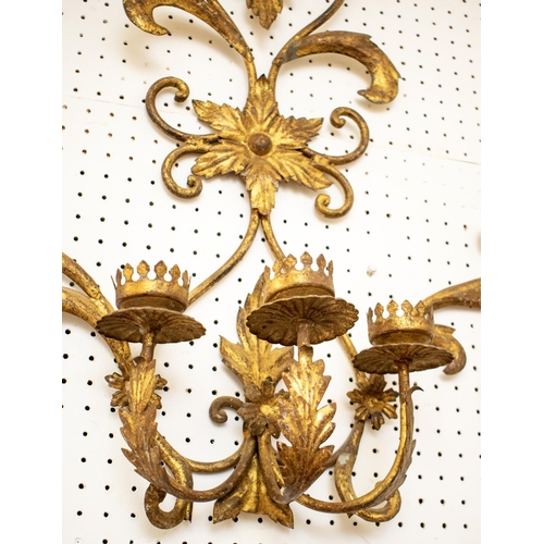 484 - WALL LIGHT, 66cm H c 67cm W gilt metal, another 73cm H x 42cm W and a candelabrum 19cm x 80cm W. (3)