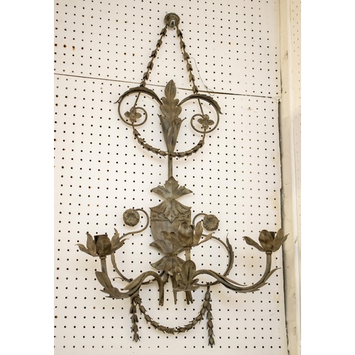 484 - WALL LIGHT, 66cm H c 67cm W gilt metal, another 73cm H x 42cm W and a candelabrum 19cm x 80cm W. (3)