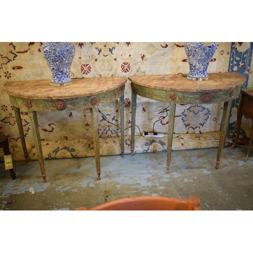 366 - CONSOLE TABLES, a pair, of demi lune form, each with faux marble top, and distressed floral painted ... 