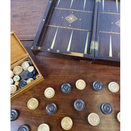 1 - FOLDING CHESSBOARD AND BACKGAMMON BOX, rosewood and satinwood with marquetry inlay having accompanyi... 