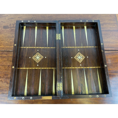 1 - FOLDING CHESSBOARD AND BACKGAMMON BOX, rosewood and satinwood with marquetry inlay having accompanyi... 