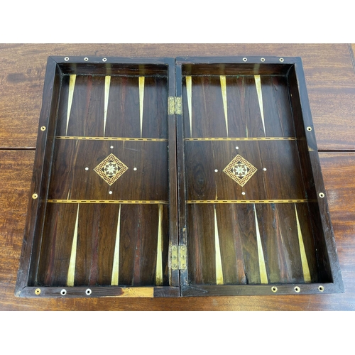 1 - FOLDING CHESSBOARD AND BACKGAMMON BOX, rosewood and satinwood with marquetry inlay having accompanyi... 