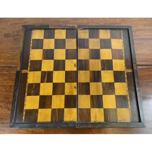 1 - FOLDING CHESSBOARD AND BACKGAMMON BOX, rosewood and satinwood with marquetry inlay having accompanyi... 