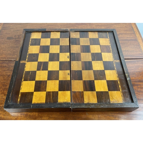 1 - FOLDING CHESSBOARD AND BACKGAMMON BOX, rosewood and satinwood with marquetry inlay having accompanyi... 