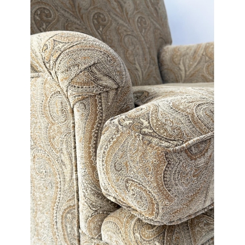 106 - ARMCHAIR, Howard style with Paisley style upholstery and turned front supports, 86cm W.