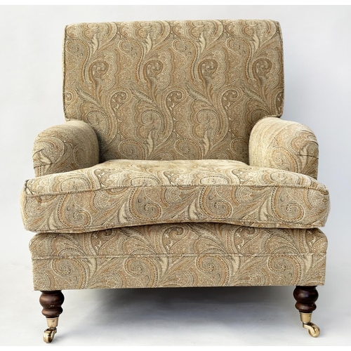 106 - ARMCHAIR, Howard style with Paisley style upholstery and turned front supports, 86cm W.