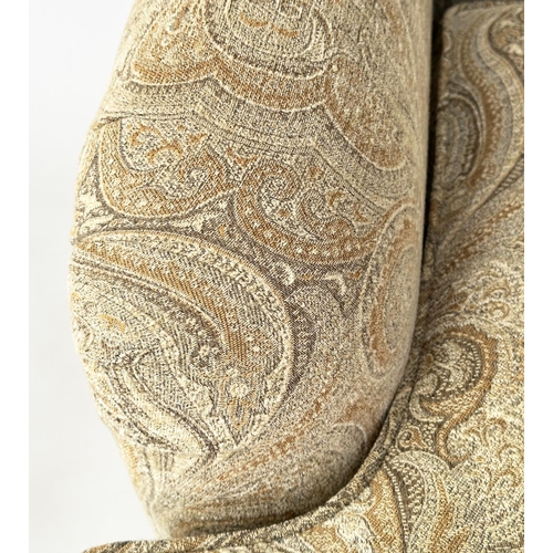 106 - ARMCHAIR, Howard style with Paisley style upholstery and turned front supports, 86cm W.