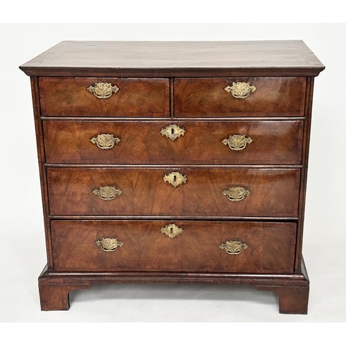 107 - CHEST, early 18th century English Queen Anne figured walnut and crossbanded with quartered top above... 