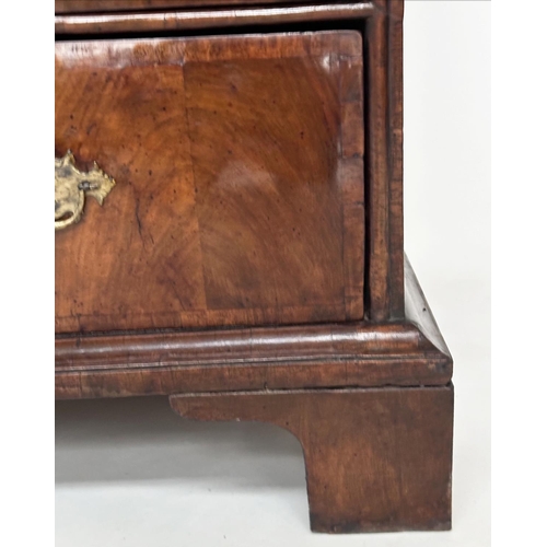 107 - CHEST, early 18th century English Queen Anne figured walnut and crossbanded with quartered top above... 