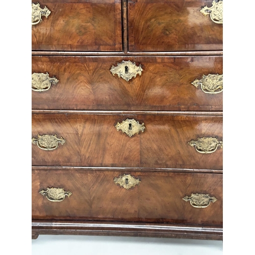 107 - CHEST, early 18th century English Queen Anne figured walnut and crossbanded with quartered top above... 