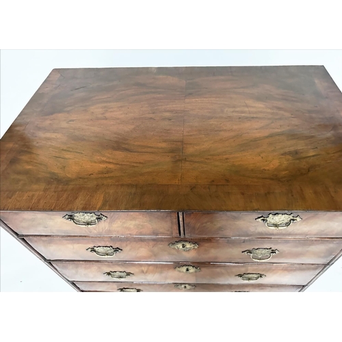 107 - CHEST, early 18th century English Queen Anne figured walnut and crossbanded with quartered top above... 