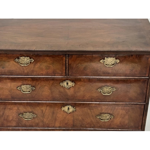 107 - CHEST, early 18th century English Queen Anne figured walnut and crossbanded with quartered top above... 