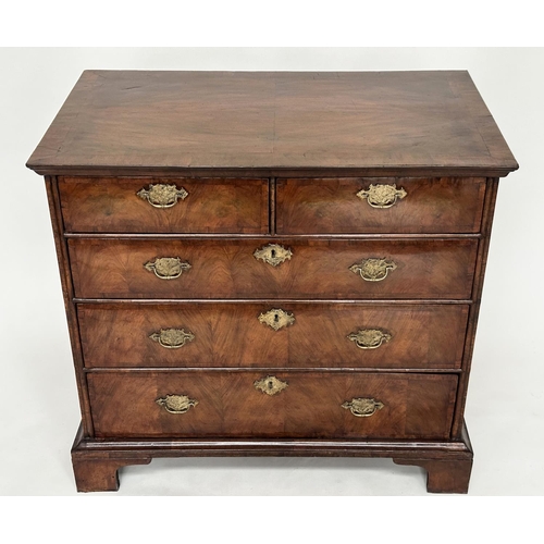 107 - CHEST, early 18th century English Queen Anne figured walnut and crossbanded with quartered top above... 