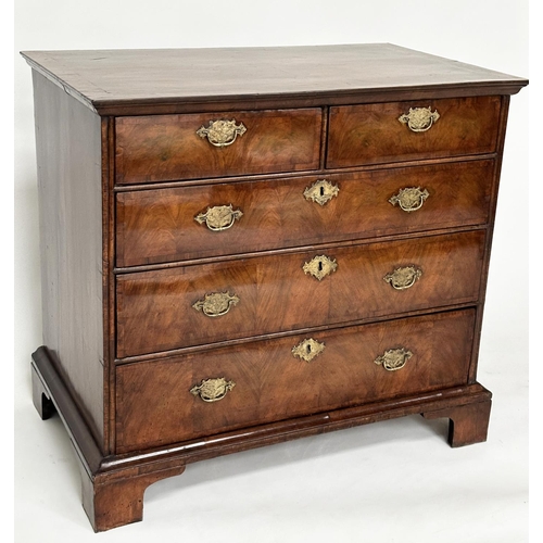 107 - CHEST, early 18th century English Queen Anne figured walnut and crossbanded with quartered top above... 