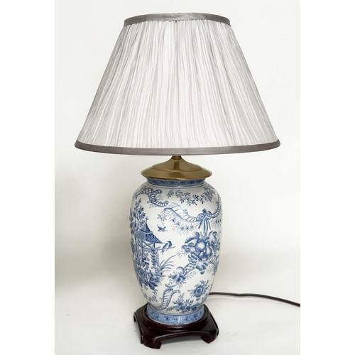 108 - TABLE LAMPS, a pair, Chinese ceramic blue and white toile print, of vase form with wooden bases and ... 