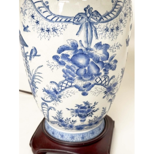 108 - TABLE LAMPS, a pair, Chinese ceramic blue and white toile print, of vase form with wooden bases and ... 