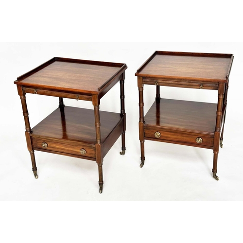 109 - LAMP TABLES, a pair, George III design mahogany each with gallery, brushing slide, drawer and undert... 