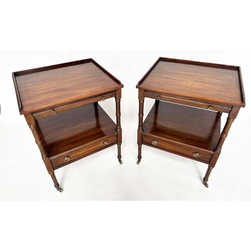 109 - LAMP TABLES, a pair, George III design mahogany each with gallery, brushing slide, drawer and undert... 