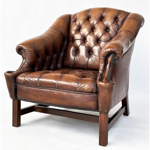 111 - LIBRARY ARMCHAIR, Georgian design, deep buttoned soft tan leather, studded upholstered with double s... 